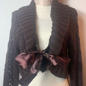 Chunky knit cropped fairy sweater shrug with satin ties in front